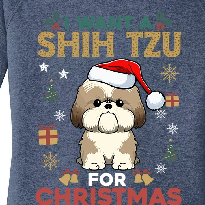 I Want A Shih Tzu For Christmas Cute Dog Lover Family Pajama Cool Gift Women's Perfect Tri Tunic Long Sleeve Shirt