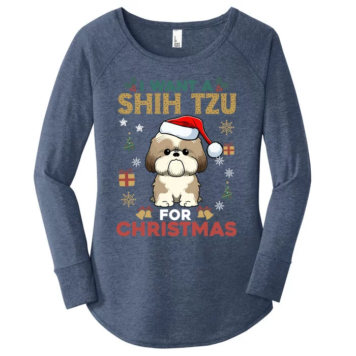 I Want A Shih Tzu For Christmas Cute Dog Lover Family Pajama Cool Gift Women's Perfect Tri Tunic Long Sleeve Shirt