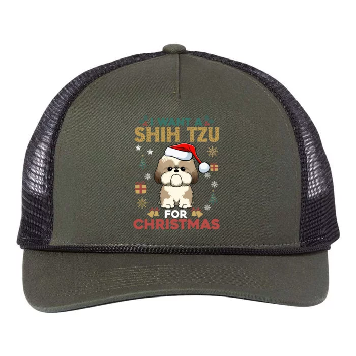 I Want A Shih Tzu For Christmas Cute Dog Lover Family Pajama Gift Retro Rope Trucker Hat Cap