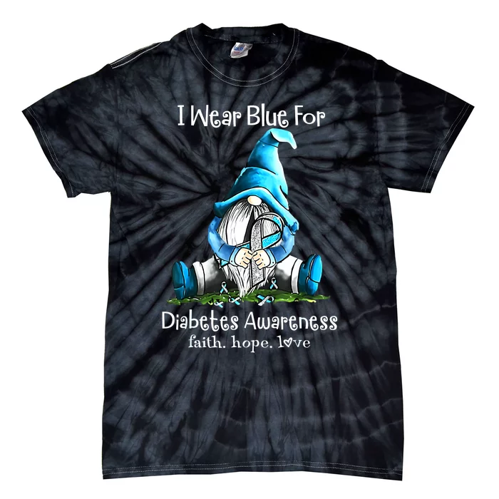 I Wear Blue For Diabetes Awareness Gnome Blue Ribbon Tie-Dye T-Shirt