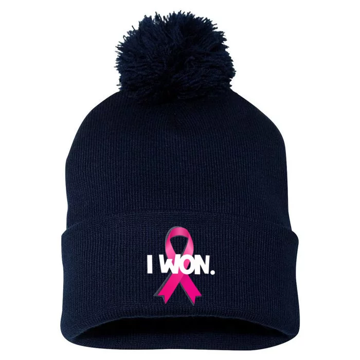 I Won Breast Cancer Awareness Survivor Pom Pom 12in Knit Beanie