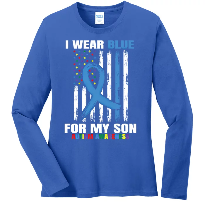 I Wear Blue For My Son Autism Awareness American Flag Design Cute Gift Ladies Long Sleeve Shirt