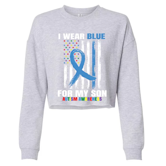 I Wear Blue For My Son Autism Awareness American Flag Design Cute Gift Cropped Pullover Crew