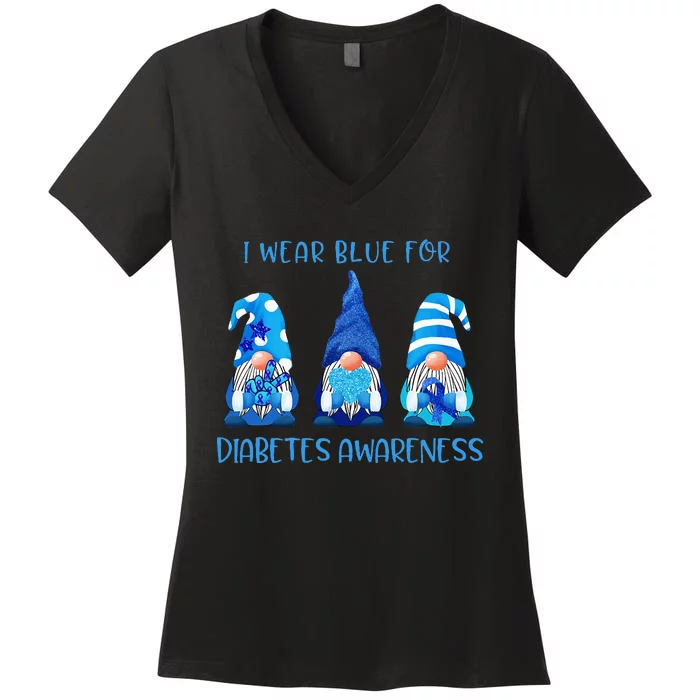 I Wear Blue For Diabetes Awareness Gnomes Peace Love Cure Women's V-Neck T-Shirt