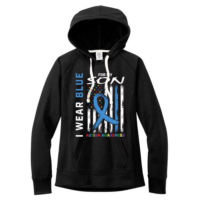 I Wear Blue For My Son Autism Awareness American Flag Mom Meaningful Gift Women's Fleece Hoodie