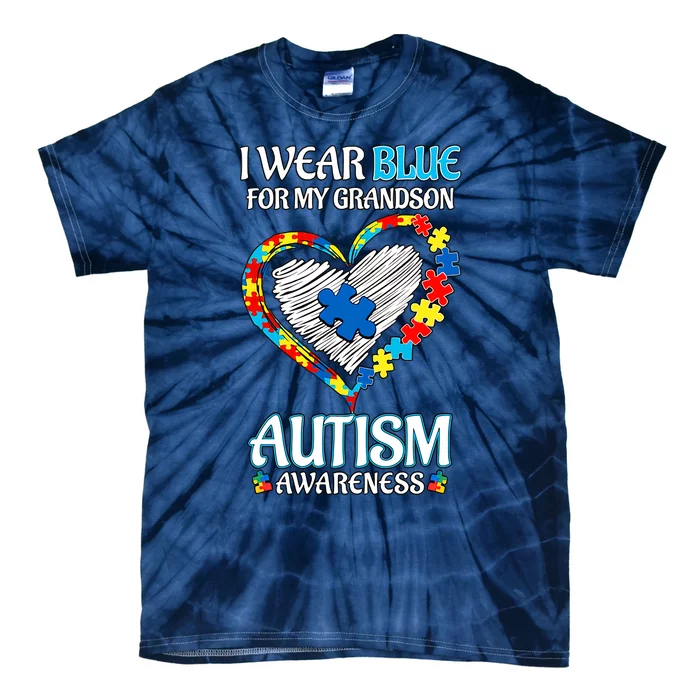 I Wear Blue For My Grandson Autism Awareness Grandmother Grandfather Family Tie-Dye T-Shirt