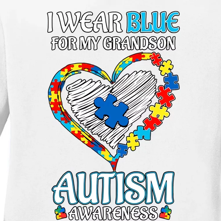 I Wear Blue For My Grandson Autism Awareness Grandmother Grandfather Family Ladies Long Sleeve Shirt