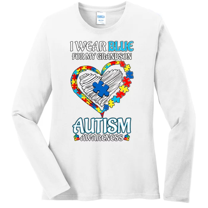 I Wear Blue For My Grandson Autism Awareness Grandmother Grandfather Family Ladies Long Sleeve Shirt