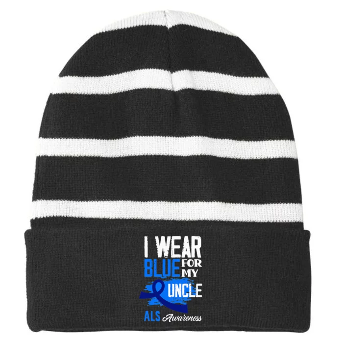 I Wear Blue For My Uncle Support ALS Awareness Striped Beanie with Solid Band