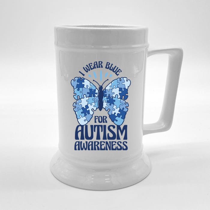 I Wear Blue Utism Awareness Quote Proud Autistic Pride Cute Gift Front & Back Beer Stein