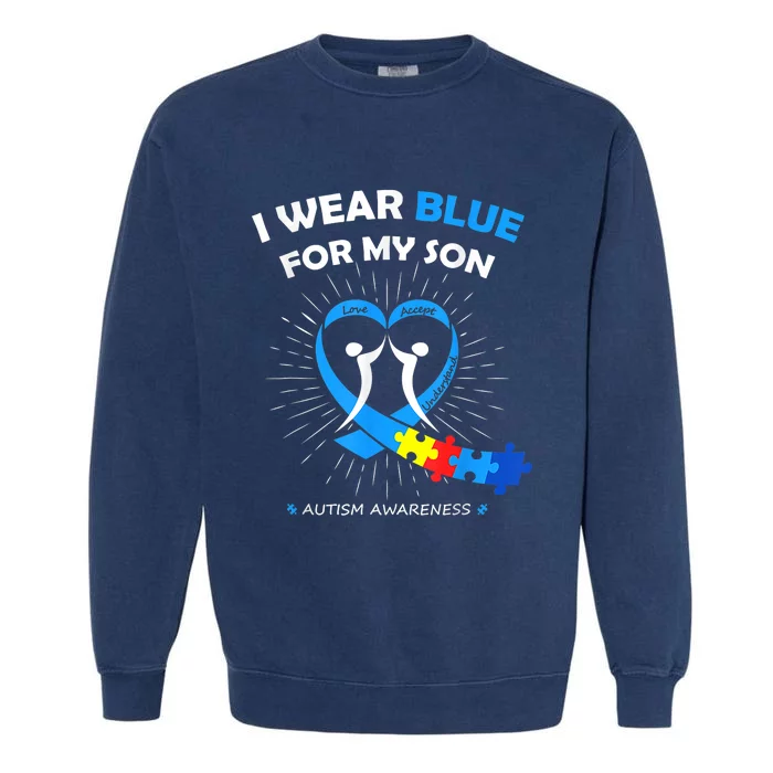 I Wear Blue For My Son Heart Support Autism Awareness Month Garment-Dyed Sweatshirt