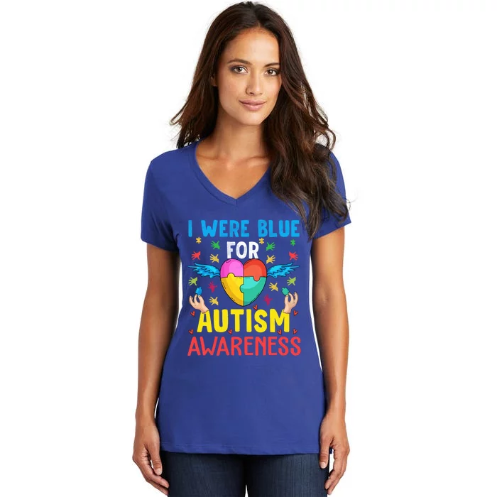 I Wear Blue Utism Awareness Month Autism Mom Gift Women's V-Neck T-Shirt