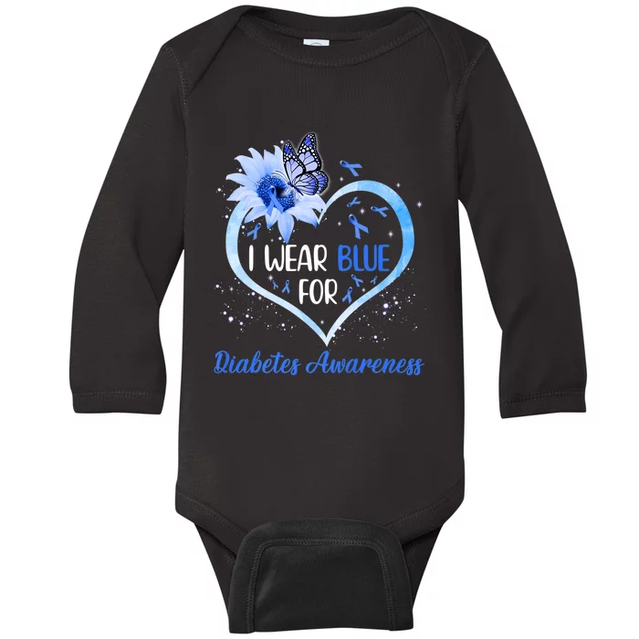 I Wear Blue For Diabetes Awareness Butterfly Flower Ribbon Premium Baby Long Sleeve Bodysuit