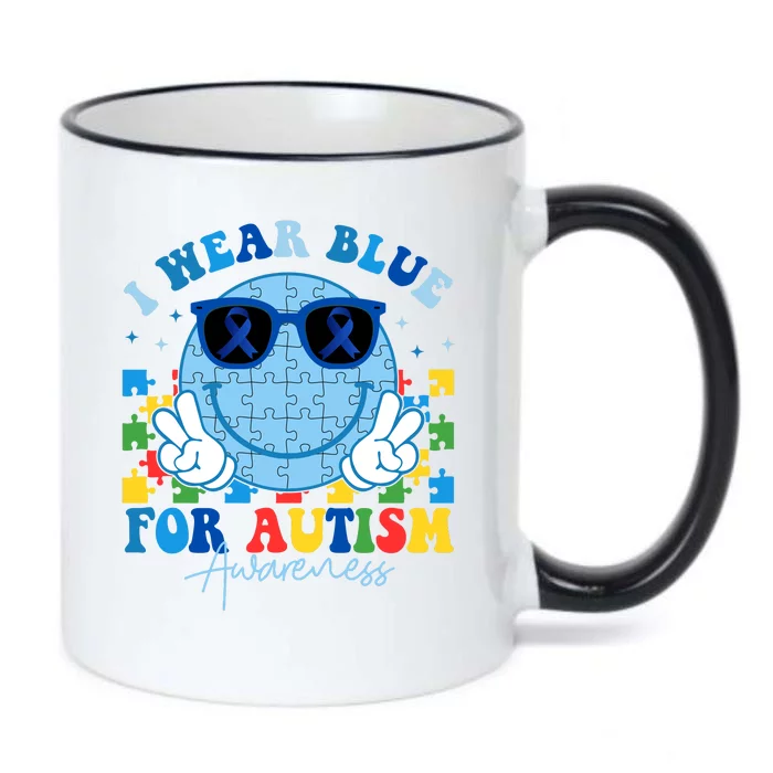 I Wear Blue For Autism Awareness Month Smile Face Peace Puzzle Black Color Changing Mug