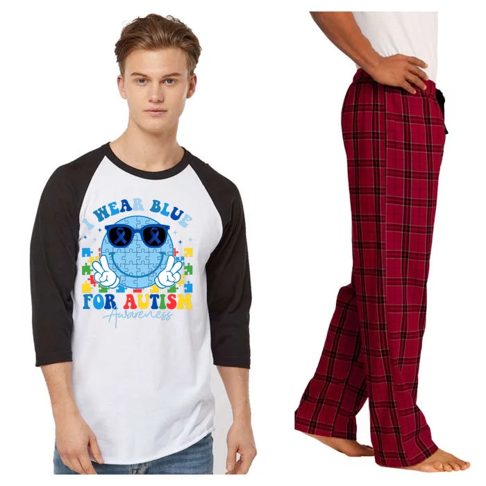 I Wear Blue For Autism Awareness Month Smile Face Peace Puzzle Raglan Sleeve Pajama Set