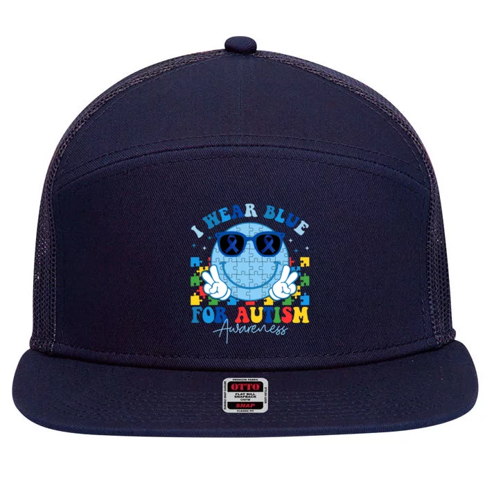 I Wear Blue For Autism Awareness Month Smile Face Peace Puzzle 7 Panel Mesh Trucker Snapback Hat