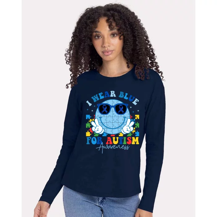 I Wear Blue For Autism Awareness Month Smile Face Peace Puzzle Womens Cotton Relaxed Long Sleeve T-Shirt