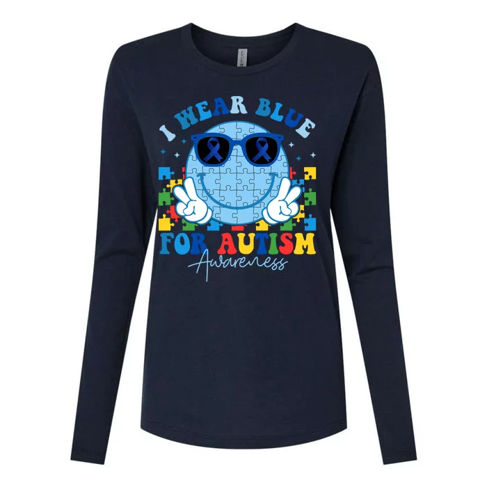 I Wear Blue For Autism Awareness Month Smile Face Peace Puzzle Womens Cotton Relaxed Long Sleeve T-Shirt