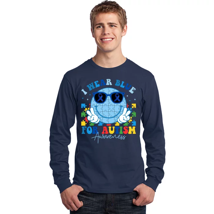 I Wear Blue For Autism Awareness Month Smile Face Peace Puzzle Long Sleeve Shirt