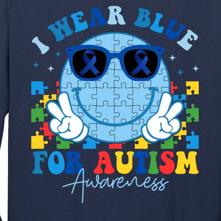 I Wear Blue For Autism Awareness Month Smile Face Peace Puzzle Long Sleeve Shirt