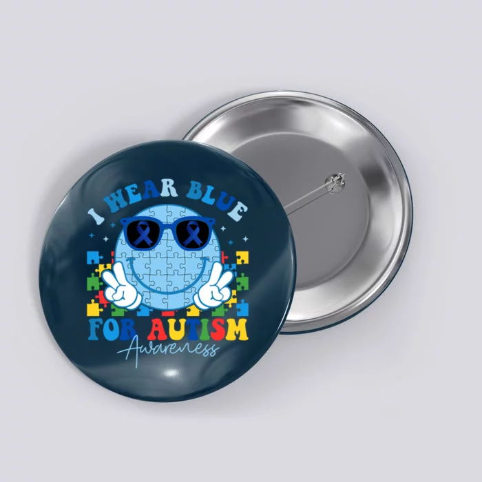 I Wear Blue For Autism Awareness Month Smile Face Peace Puzzle Button