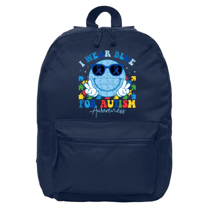 I Wear Blue For Autism Awareness Month Smile Face Peace Puzzle 16 in Basic Backpack