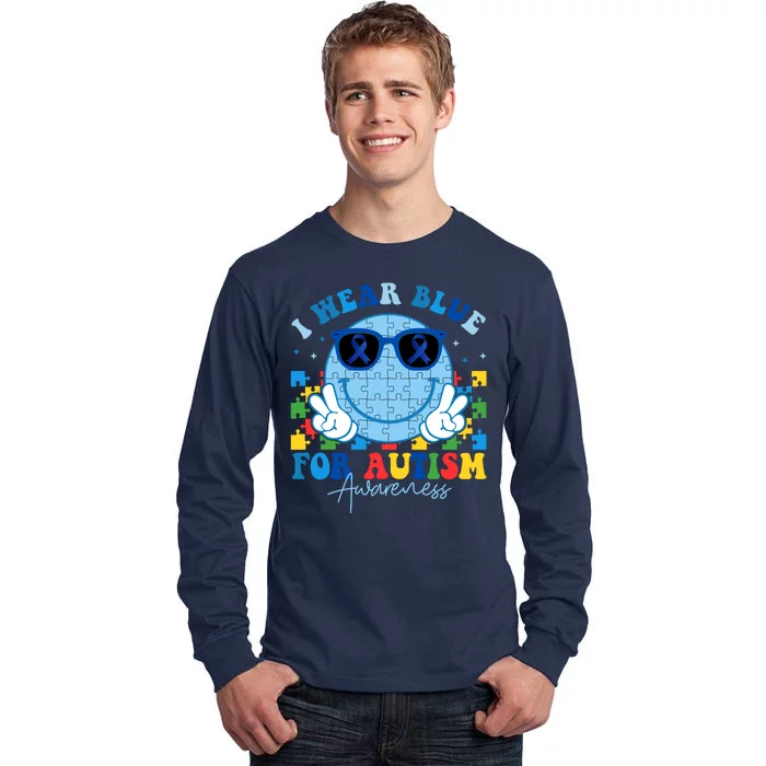 I Wear Blue For Autism Awareness Month Smile Face Peace Puzzle Tall Long Sleeve T-Shirt