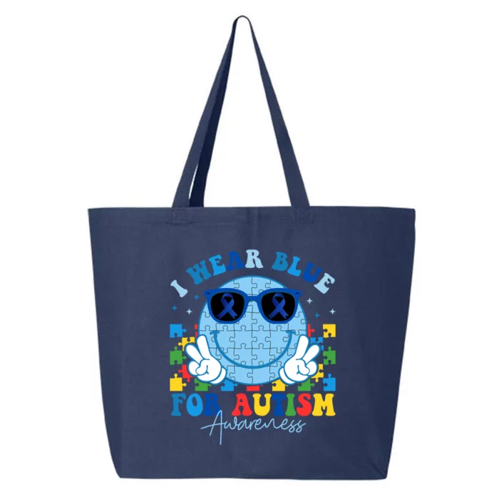 I Wear Blue For Autism Awareness Month Smile Face Peace Puzzle 25L Jumbo Tote