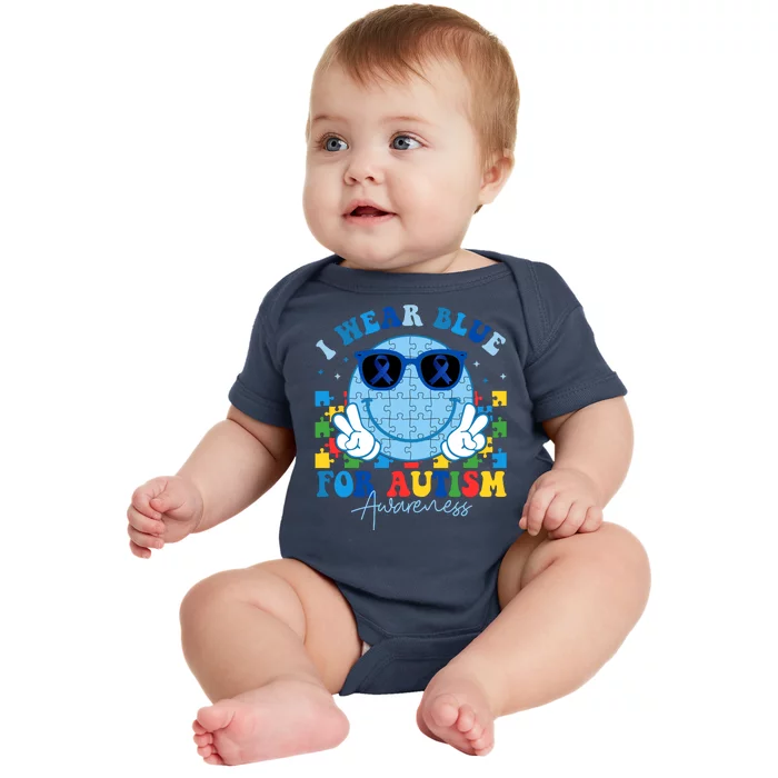 I Wear Blue For Autism Awareness Month Smile Face Peace Puzzle Baby Bodysuit