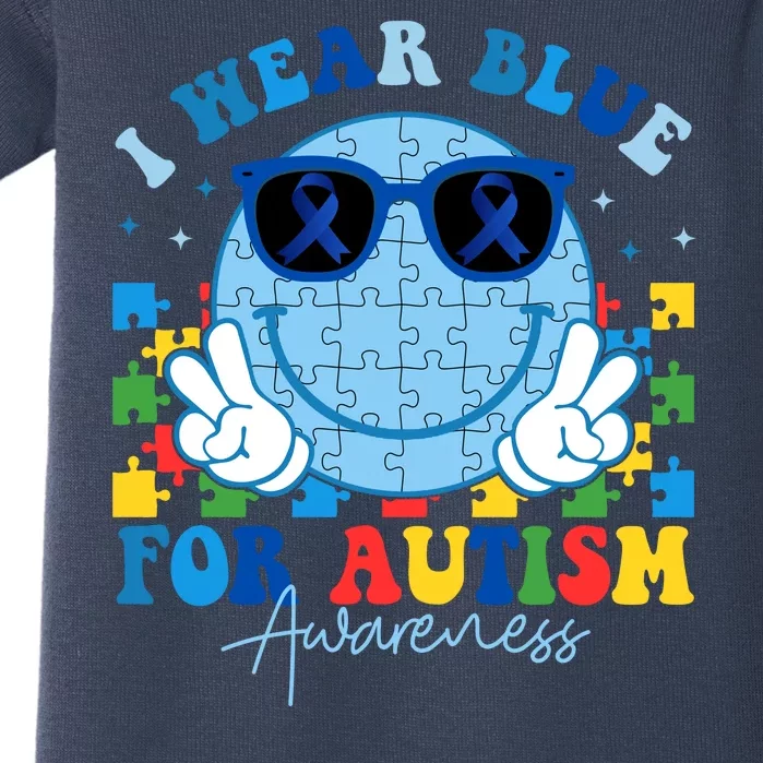 I Wear Blue For Autism Awareness Month Smile Face Peace Puzzle Baby Bodysuit