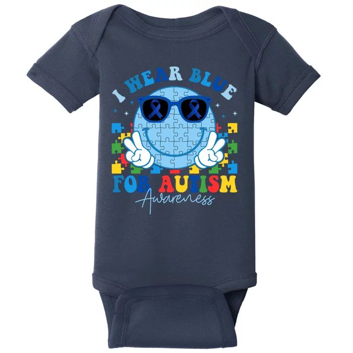 I Wear Blue For Autism Awareness Month Smile Face Peace Puzzle Baby Bodysuit