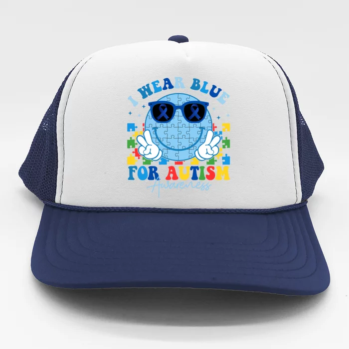 I Wear Blue For Autism Awareness Month Smile Face Peace Puzzle Trucker Hat