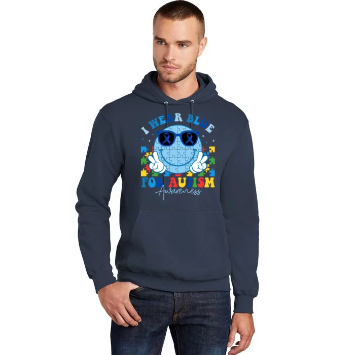 I Wear Blue For Autism Awareness Month Smile Face Peace Puzzle Tall Hoodie