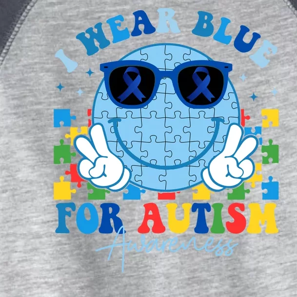 I Wear Blue For Autism Awareness Month Smile Face Peace Puzzle Toddler Fine Jersey T-Shirt