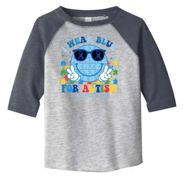 I Wear Blue For Autism Awareness Month Smile Face Peace Puzzle Toddler Fine Jersey T-Shirt