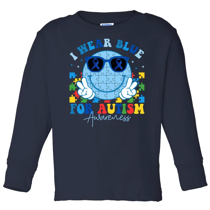 I Wear Blue For Autism Awareness Month Smile Face Peace Puzzle Toddler Long Sleeve Shirt