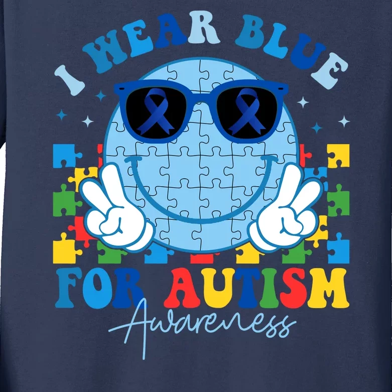 I Wear Blue For Autism Awareness Month Smile Face Peace Puzzle Kids Long Sleeve Shirt