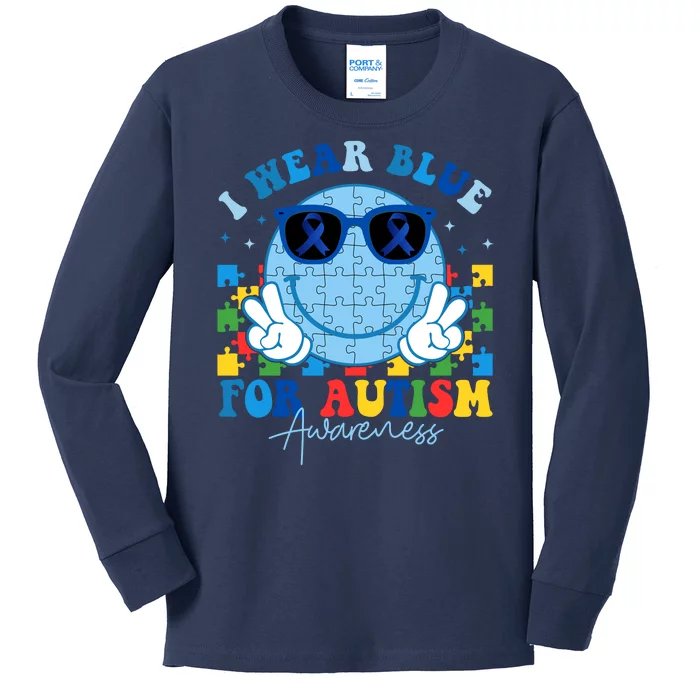 I Wear Blue For Autism Awareness Month Smile Face Peace Puzzle Kids Long Sleeve Shirt