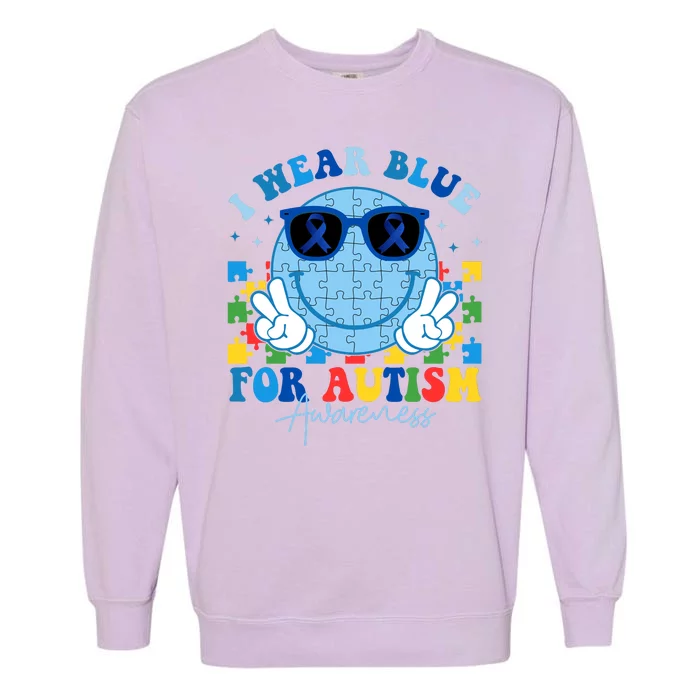 I Wear Blue For Autism Awareness Month Smile Face Peace Puzzle Garment-Dyed Sweatshirt