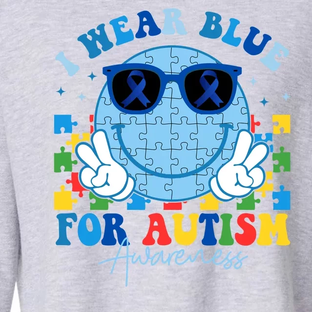 I Wear Blue For Autism Awareness Month Smile Face Peace Puzzle Cropped Pullover Crew