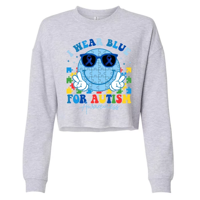 I Wear Blue For Autism Awareness Month Smile Face Peace Puzzle Cropped Pullover Crew