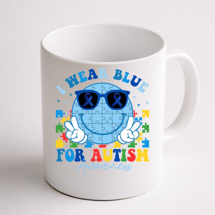 I Wear Blue For Autism Awareness Month Smile Face Peace Puzzle Front & Back Coffee Mug