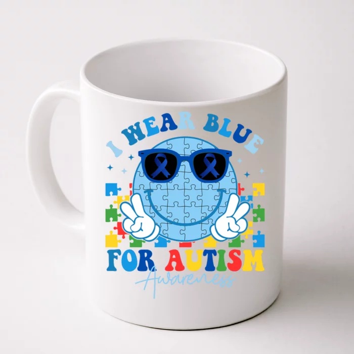 I Wear Blue For Autism Awareness Month Smile Face Peace Puzzle Front & Back Coffee Mug