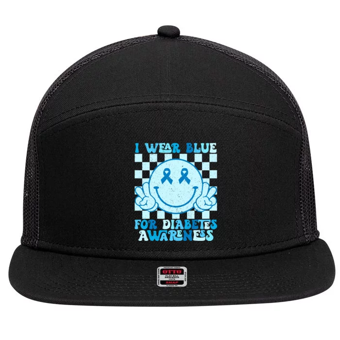 I Wear Blue For Diabetes Awareness Month Smile Face Diabetic 7 Panel Mesh Trucker Snapback Hat