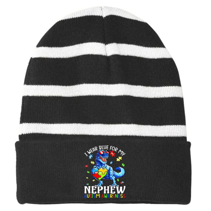 I Wear Blue For My Nephew Autism Awareness Dinosaur Striped Beanie with Solid Band