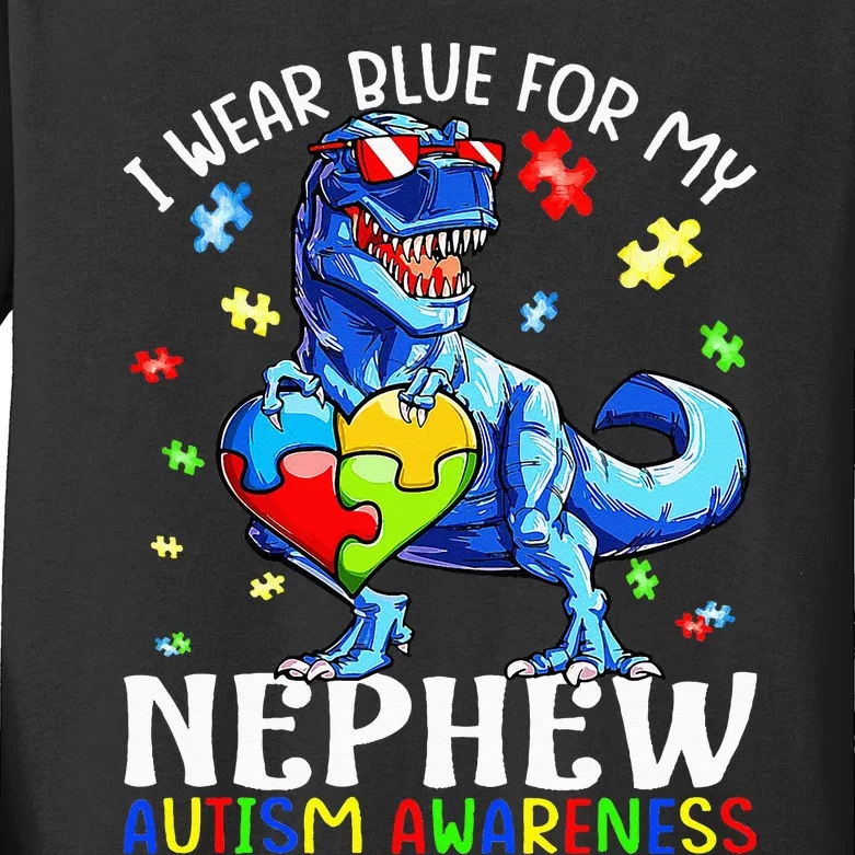 I Wear Blue For My Nephew Autism Awareness Dinosaur Kids Long Sleeve Shirt