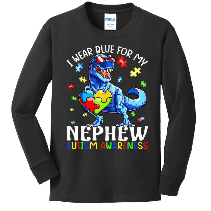 I Wear Blue For My Nephew Autism Awareness Dinosaur Kids Long Sleeve Shirt