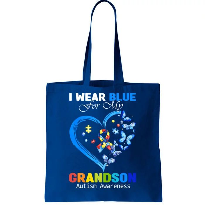 I Wear Blue For My Grandson Autism Awareness Heart Ribbon Gift Tote Bag