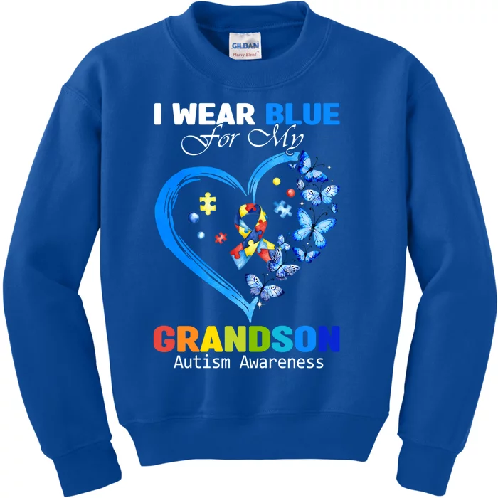 I Wear Blue For My Grandson Autism Awareness Heart Ribbon Gift Kids Sweatshirt