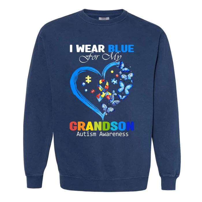 I Wear Blue For My Grandson Autism Awareness Heart Ribbon Gift Garment-Dyed Sweatshirt